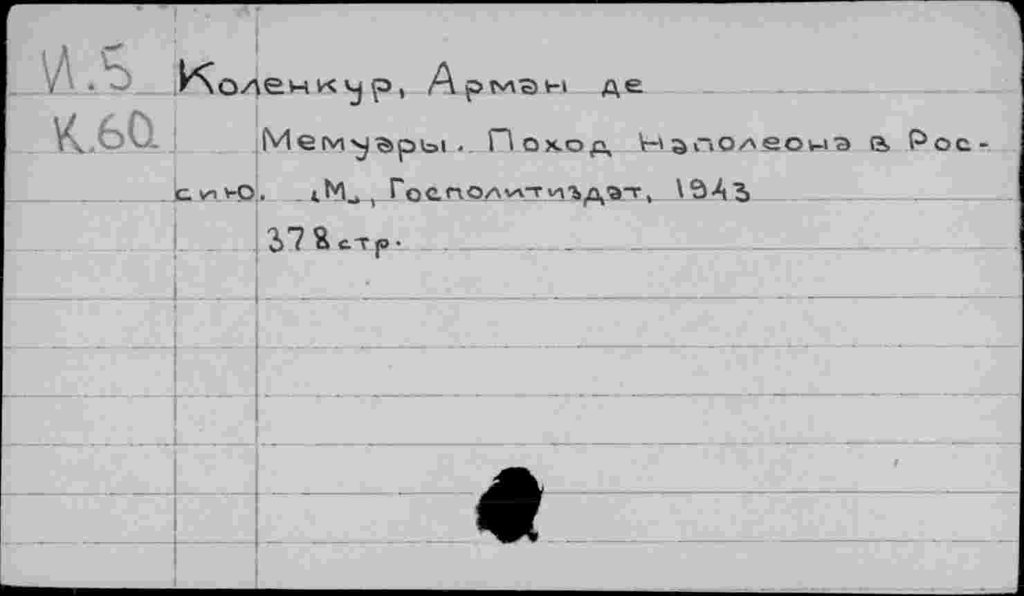 ﻿. A .s.	ГЛодрнкчо. Аоман ле	
К.60		Мемуары. Поход Нэ>*олеонэ а Рос-
1 k. vivo		. iM . , Госп.ОА'л-гиъд'э-г, \2>4з
		37 Я ст р•
		
		
		
		
		А
		<
		